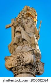 Detail of column with statue of Abraham and Isaac in front of Roman Catholic church Saint Charles Borromeo in Pancevo, Serbia