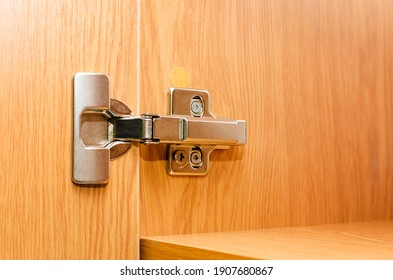 Detail Of Concealed Hinge On Cabinet Door, Furniture Fitting Hardware For Cupboard Or Wardrobe