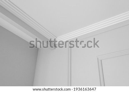 Detail of corner ceiling cornice with intricate crown moulding. 