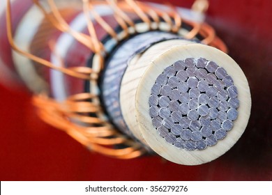Detail of cross section of electrical aluminum cable for power supply of tram public transport
