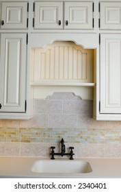 Detail Custom Tile Work Kitchen Faucet Wall Hot Cold Control Handles