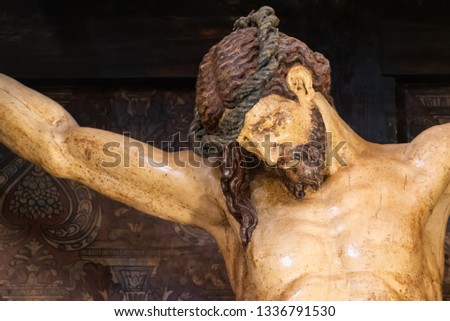 Detail of dead Jesus face while crucified