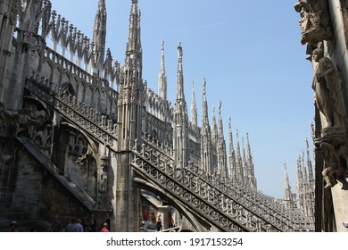 Detail of different construction elements in the upper area of ​​the Milan Cathedral, Italy, June 29, 2016