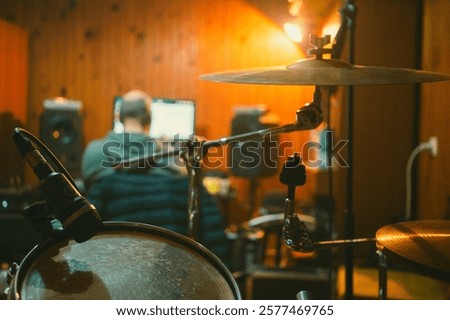 Image, Stock Photo Microphone on stand on stage close up with searchlight light. Professional mic at concert hall or conference room, karaoke, night club, bar. Public events, festival, wedding. Copy space.