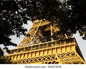 Detail of the Eiffel Tower from between the trees, in Paris, France.