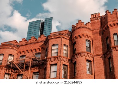 Detail of elaborate apartment building on Newbury street in Boston.