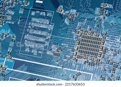 Detail of electronic components and microchips on  a video card. Latest generation Video Card.