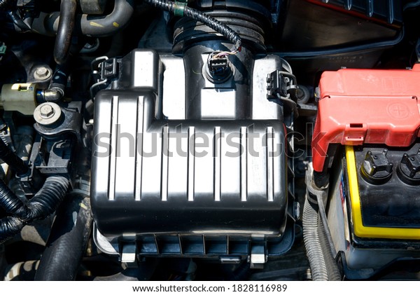 Detail of engine car\
inside the car hood
