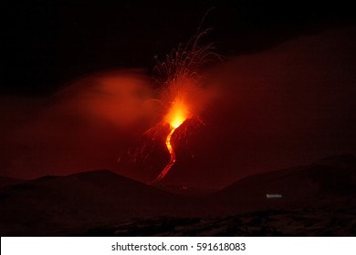 Detail of the eruption of the volcano Mt. Etna, near Catania (Sicily) in March 2017. The lava flow is erupting from the south-east crater.