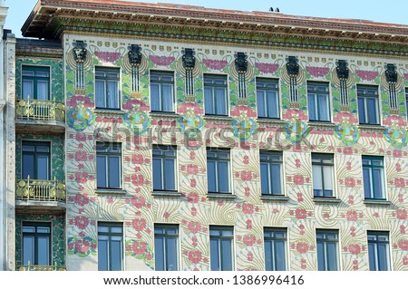 Detail from the facade of Otto Wagner's 1898 Majolica House (Majolikahaus), in the Linke Wienzeile, classic Viennese Secession (art nouveau) architecture, Vienna, Austria.