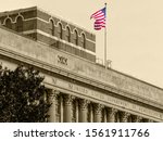 Detail of the facade at the United States Department of Agriculture, side on the 14th St SW, Washington DC, USDA Foreign Agricultural Service. Vintage processing.