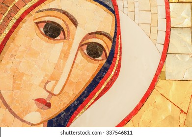 Detail Of The Face Of A Mosaic Of The Blessed Virgin Mary With Copy Space For Text