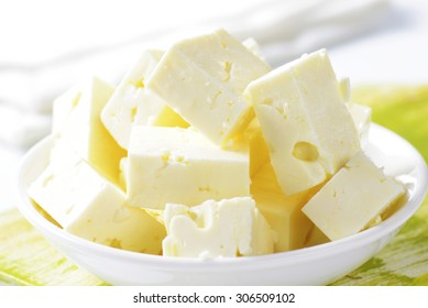 Detail Of Feta Cheese Cubes In White Bowl