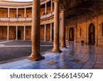 Detail of the floor and columns in the courtyard inside the Palace of Charles V in the Alhambra complex, Granada.