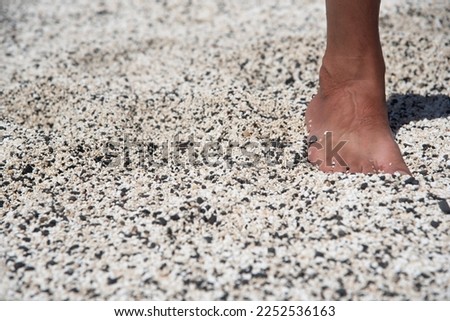 Detail of the foot of a tanned man on the black and white popcorn-shaped rhodoliths on the beach El Hierro or Playa de las Palomitas in the touristic Fuerteventura in the Canary Islands.