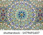 Detail of fountain with symmetrical Islamic - Arabesque style glazed wall tiles. Hassan II Mosque, Casablanca, Morocco.