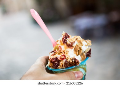 Detail Of Frozen Yogurt With Cereals And Fig.