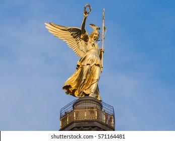 Detail of the golden angel of the Siegessaeule (Victory Column) in Berlin, Germany