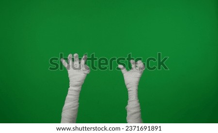 Detail green screen isolated chroma key photo capturing mummy's hands raised up in the air, creepily moving.