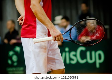 Detail Of  Hand And Racket, Miljan Zekic Playing In The Match Against USA, Davis Cup 2018, Nis, Serbia