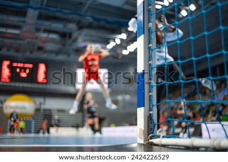 Detail of handball goal post with net and game in the background.