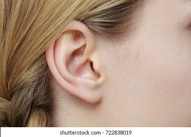 Detail Of The Head With Female Human Ear And Blonde Braid Hair, Close Up