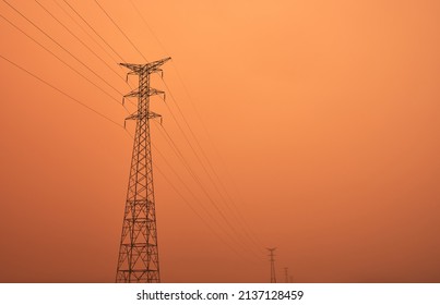 Detail Of High Voltage Power Lines In The Sahara Desert Haze