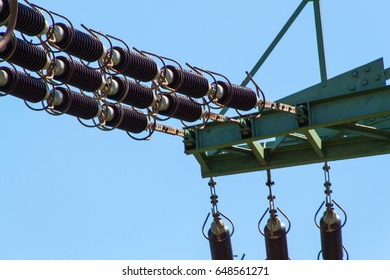 Detail of high-voltage ceramic insulator. High Voltage Lead. Electricity distribution