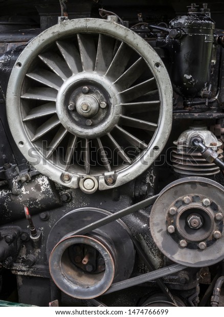 Detail of a historic diesel\
engine.