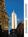 Detail of the historic, Gothic Revival style, Rafael Uribe Uribe Palace of Culture locate in Medellin declared National Monument of Colombia in 1982 and the Coltejer building.