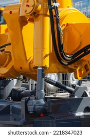 Detail Of Hydraulic Bulldozer Piston Excavator Arm. Closeup Of A Hydraulic Equipment.