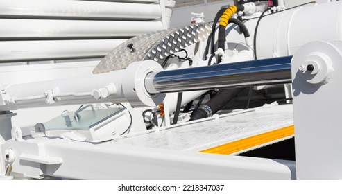 Detail Of Hydraulic Bulldozer Piston Excavator Arm. Closeup Of A Hydraulic Equipment.