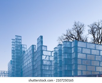 Detail Of The Ice Palace In Construction For The Annual Winter Festival, Quebec City, Quebec, Canada