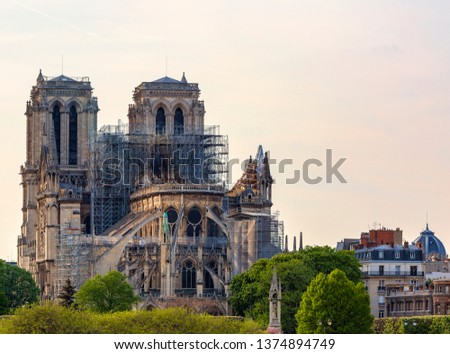Detail image of the remains of Notre Dame Cathedral in Paris after the fire destroyed the whole roof in 15 April 2019..
