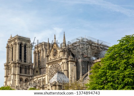 Detail image of the scaffoldings and the remains of Notre Dame Cathedral in Paris after the fire destroyed the whole roof in 15 April 2019..