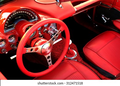 Detail Of Interior Red Sports Car Steering Wheel Speedometer