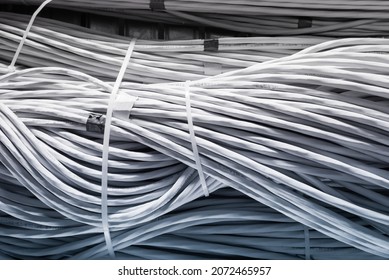 Detail Of Large Number Of Ethernet Cables Tied Together Connecting Racks Inside Server Room