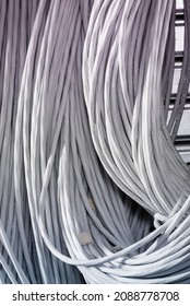 Detail Of Large Number Of Ethernet Cables Tied Together Connecting Racks Inside Server Room