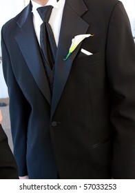 Detail Of A Man's Suit Or Tux Or Tuxedo While Getting Married At A Wedding.