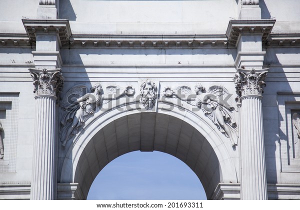 Detail of Marble arch in\
London. 