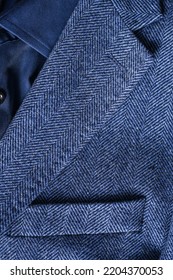 Detail Of Men Casual Outwear, Blue Tweed Blazer With Close Up On Pocket Fragment.