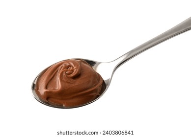 Detail of metal spoon of cocoa cream isolated with white background. Top elevated view. - Powered by Shutterstock