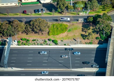 Detail Of Modern Interstate On A Sunny Day With Car Traffic, Overhead Aerial View