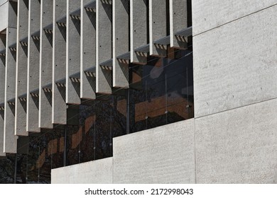 Detail of the façade of a modern-1985 opened cultural building in the South Bank Parkland area devoted to the performing arts and housing the Queensland Museum and State Library. Brisbane-Australia.