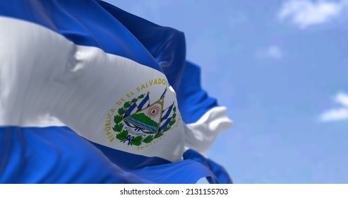 Detail Of The National Flag Of El Salvador Waving In The Wind On A Clear Day. El Salvador Is A Country In Central America. Selective Focus.