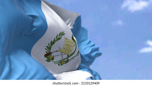 Detail Of The National Flag Of Guatemala Waving In The Wind On A Clear Day. Guatemala Is A Country In Central America. Selective Focus.