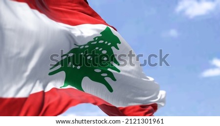 Detail of the national flag of Lebanon waving in the wind on a clear day. Patriotism. Selective focus. Western asian country. Green Lebanon Cedar tree.