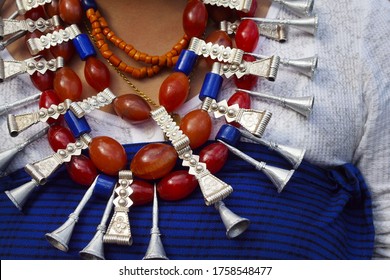 detail of necklace from naga costume, during hornbill festival in kohima -nagalang-india