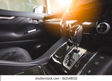 Detail of new modern car interior, Focus on gear