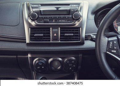 Detail Of New Modern Car Interior, Focus On Stereo Screen (vintage Filter Effect)